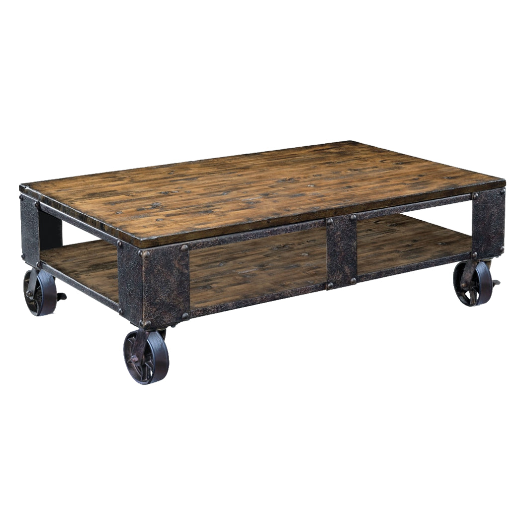 Table basse en bois et et placage de pin brun sur roulettes - Pinebrook