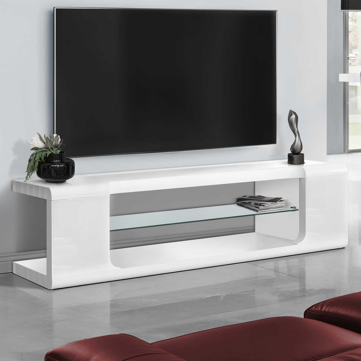 Meuble de télévision en stratifié blanc lustré à 1 étagère en verre - I 3535