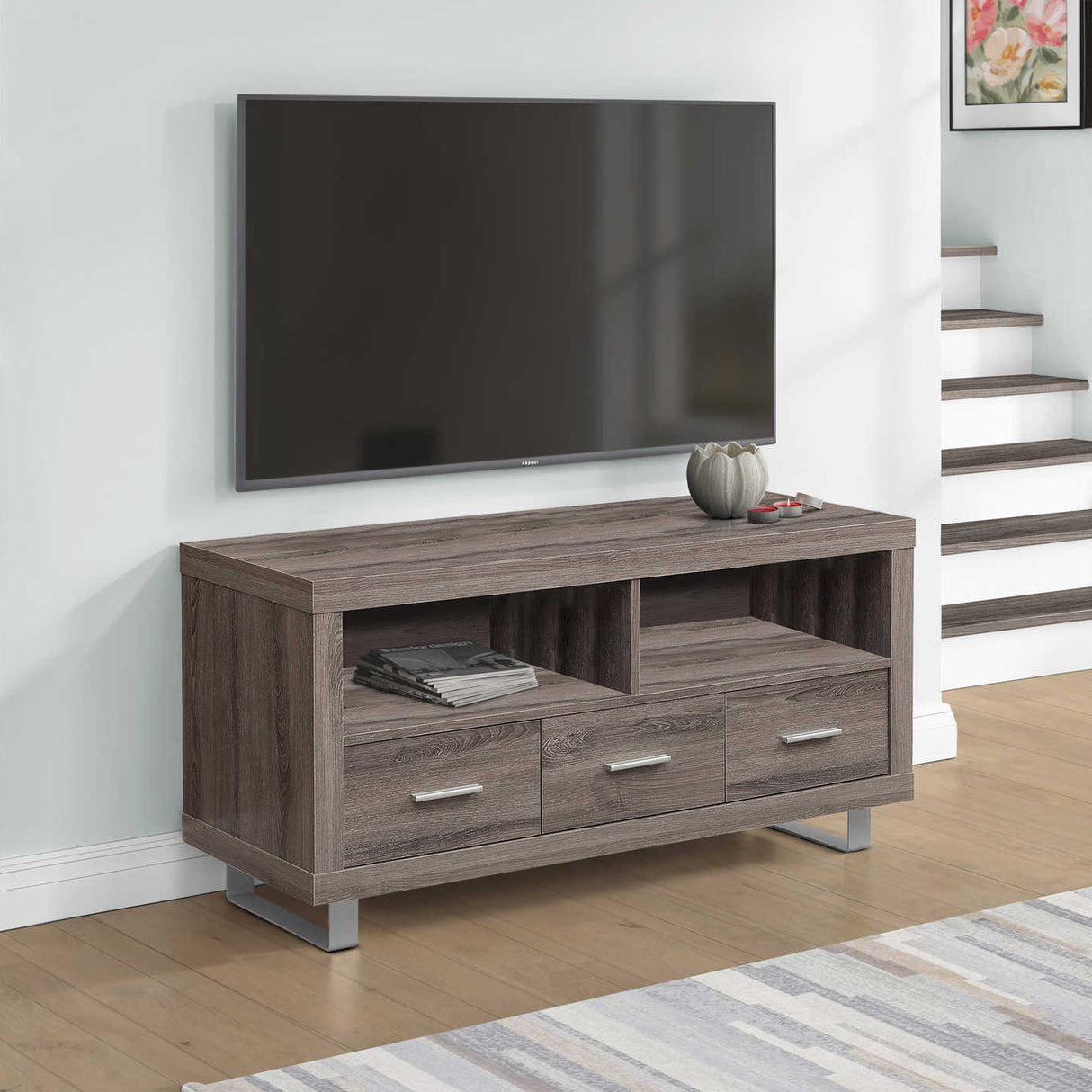 Meuble de télévision en stratifié taupe foncé à 3 tiroirs - I 3250