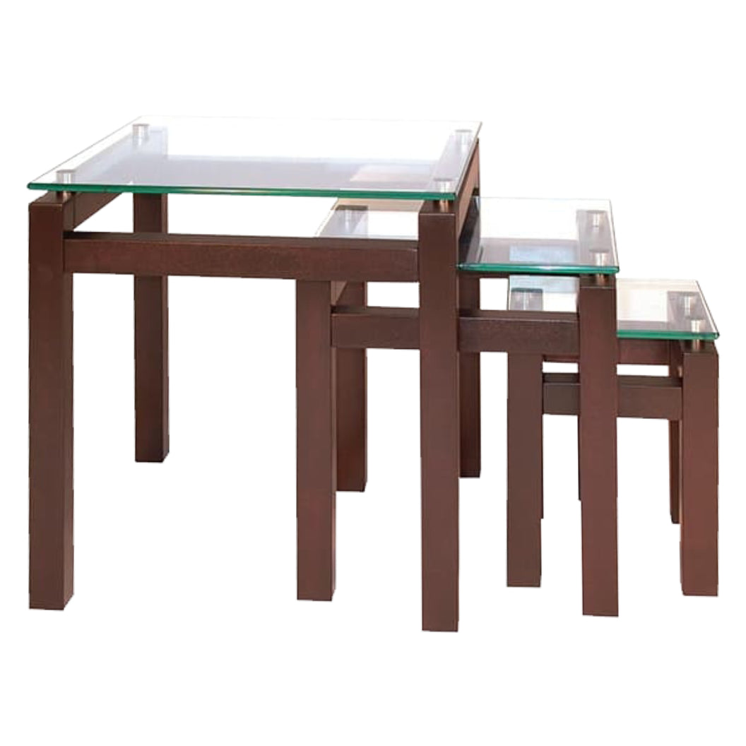 Ensemble de 3 tables gigognes en verre et bois de merisier - SQG