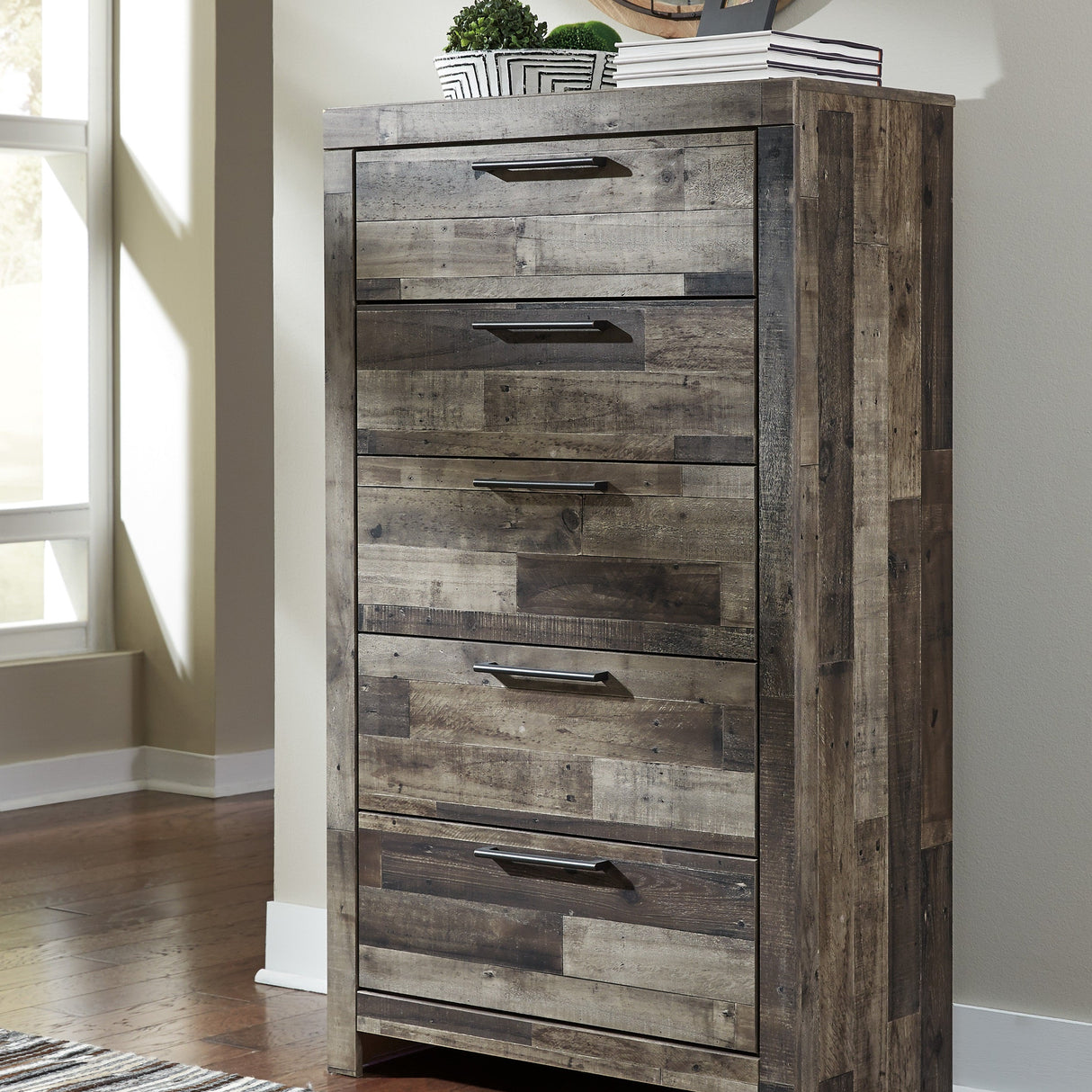 Commode à 5 tiroirs en bois/placage multi gris - Derekson