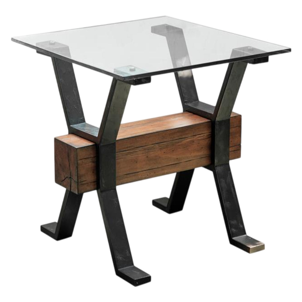 Table de bout en verre trempé, en bois et métal rustique - Sawyer