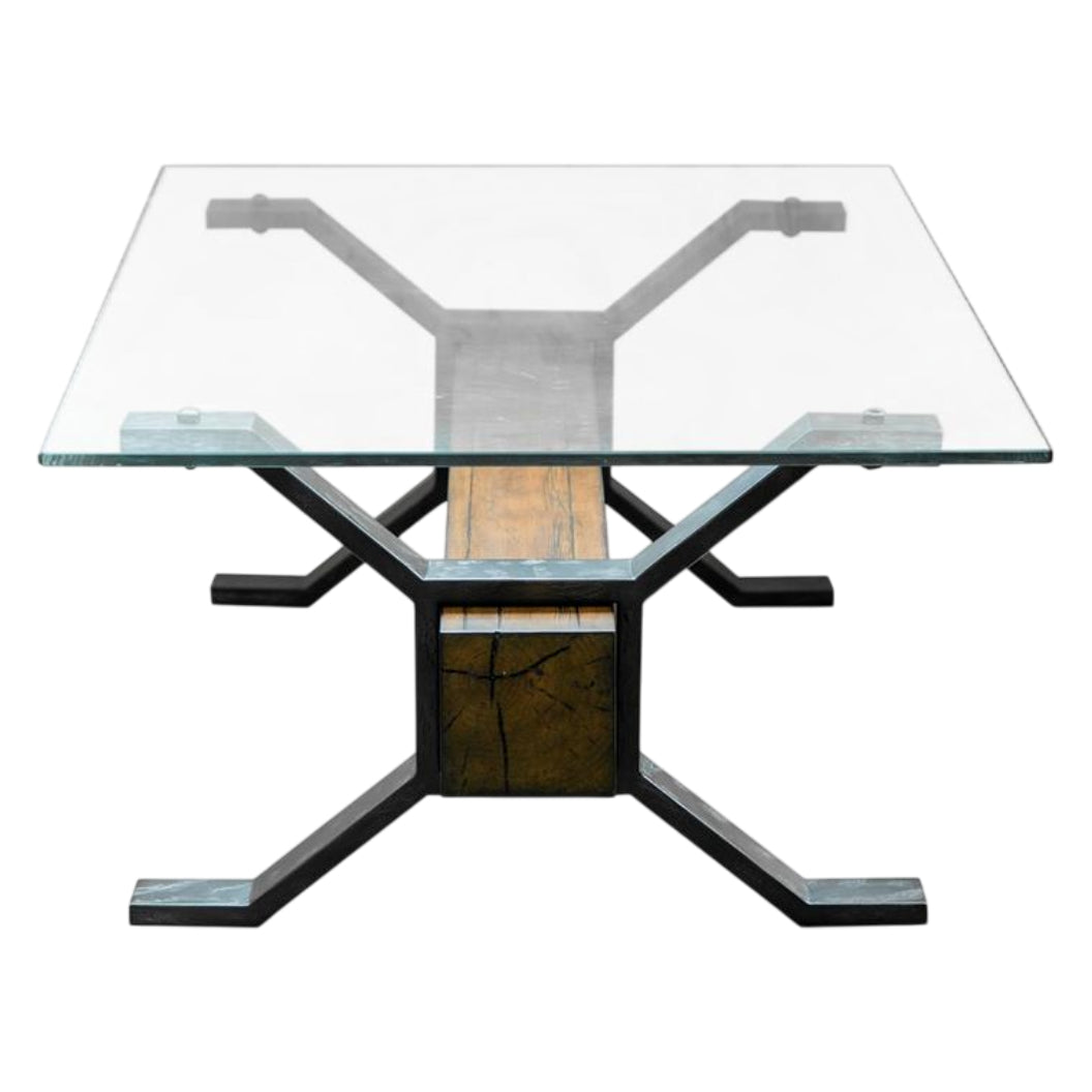 Table basse en verre trempé, en bois et métal rustique - Sawyer