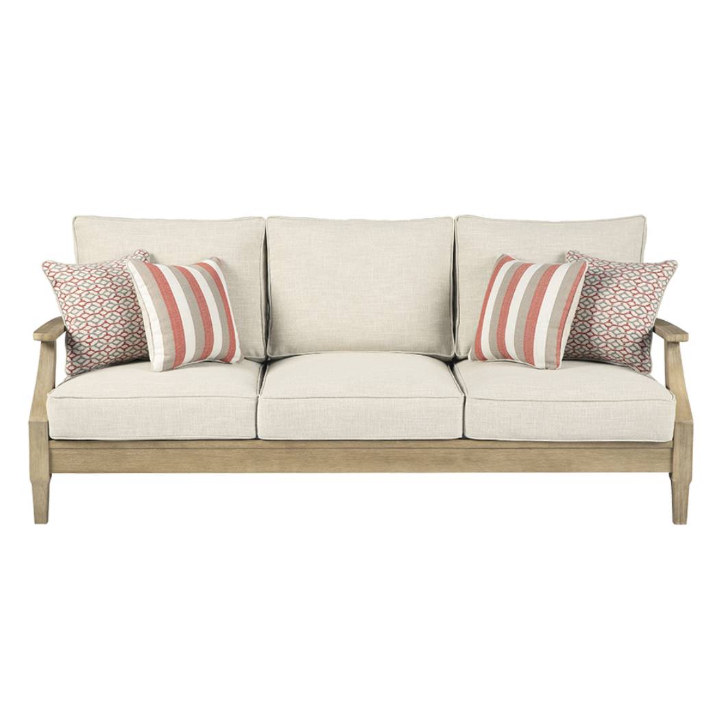 Sofa extérieur en tissu beige pâle & bois d'eucalyptus - Clare view