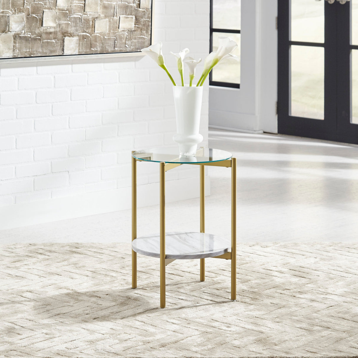 Table d'appoint en verre et faux marbre blanc - Wynora