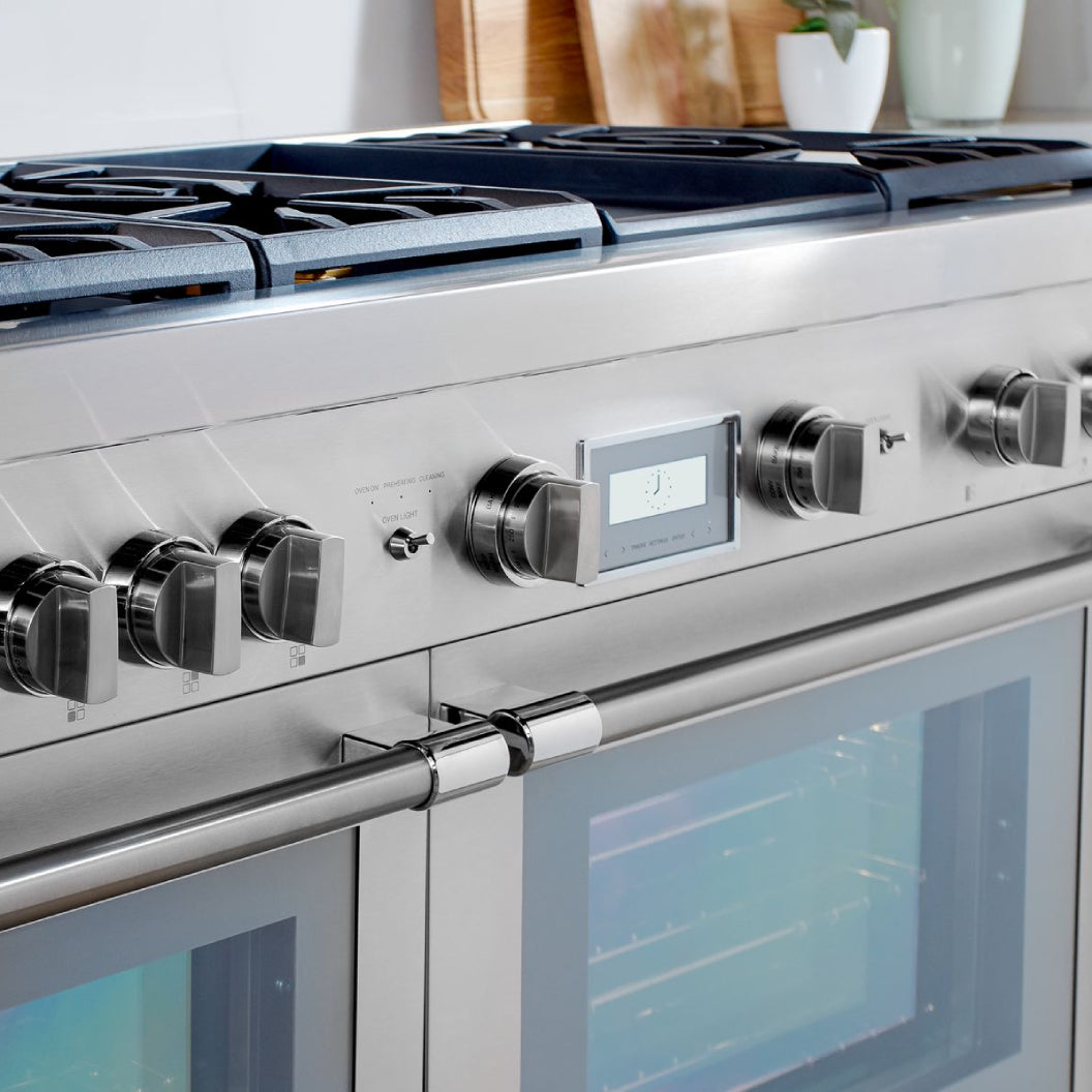 Cuisinière double biénergie 48 po, 1,6 pi³ / 4,9 pi³ Inox avec Convection véritable, Wi-Fi et plaque de cuisson intégrée - Série Professional