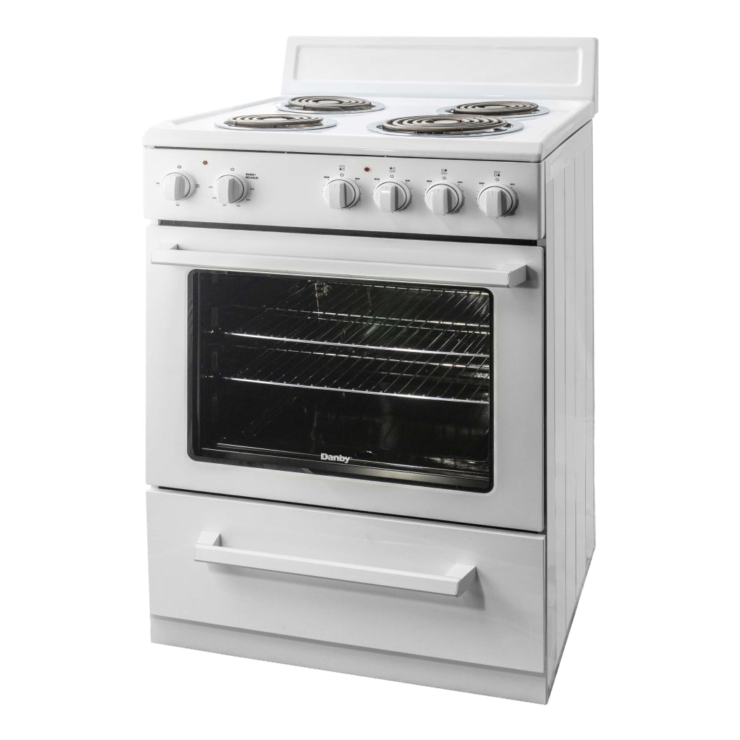 Cuisinière électrique compacte 24 po, 2,5 pi³ Blanc avec Serpentins et Cuisson uniforme