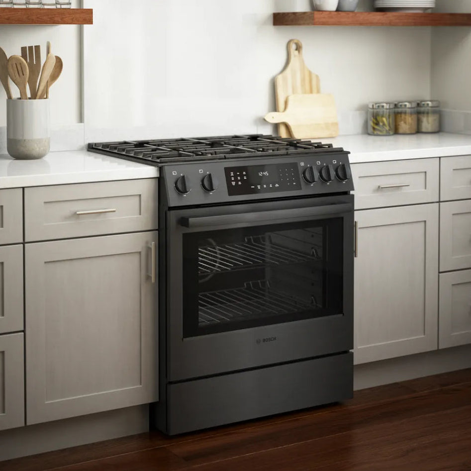 Cuisinière au gaz encastrable 30 po, 4,8 pi³ Inox noir Brûleurs scellés, Convection et Tiroir-réchaud - Série 800