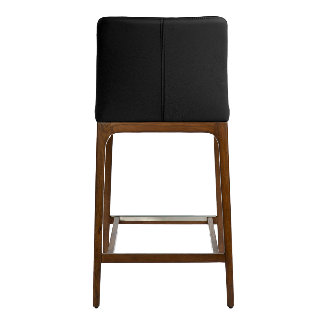 Tabouret de comptoir rembourré en cuir et bois de chêne teinte noyer - Lucia