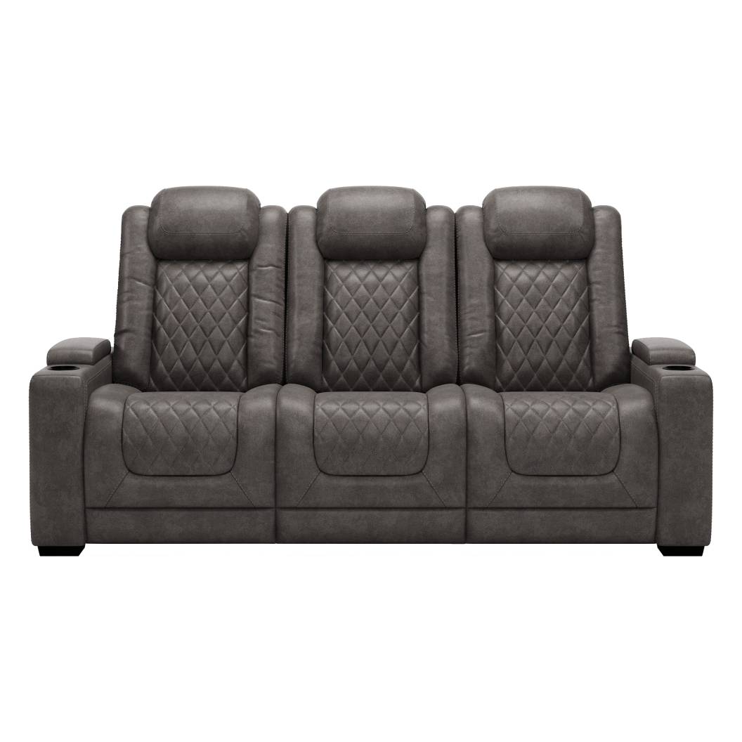 Sofa motorisé aspect cuir brun grisâtre avec table rabattable - Hyllmont