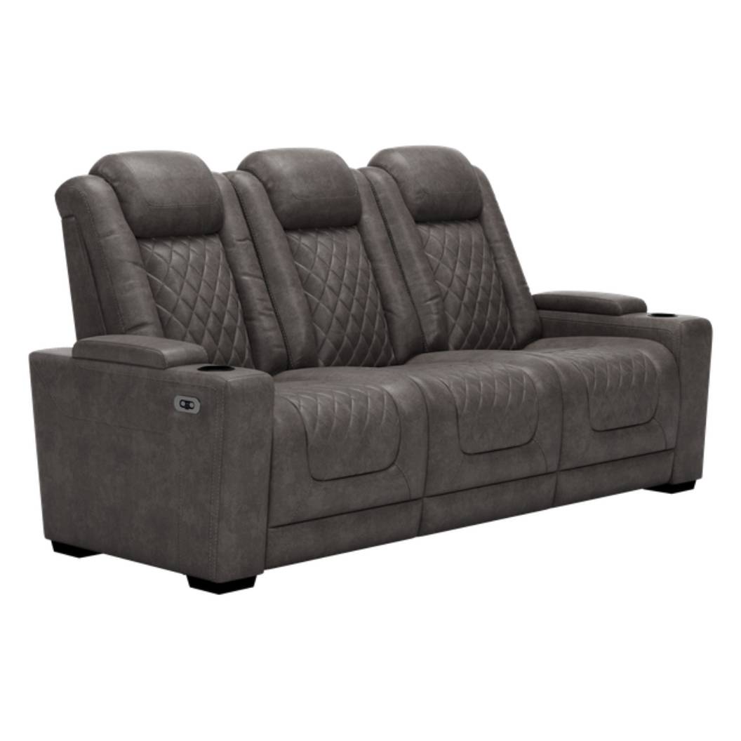 Sofa motorisé aspect cuir brun grisâtre avec table rabattable - Hyllmont