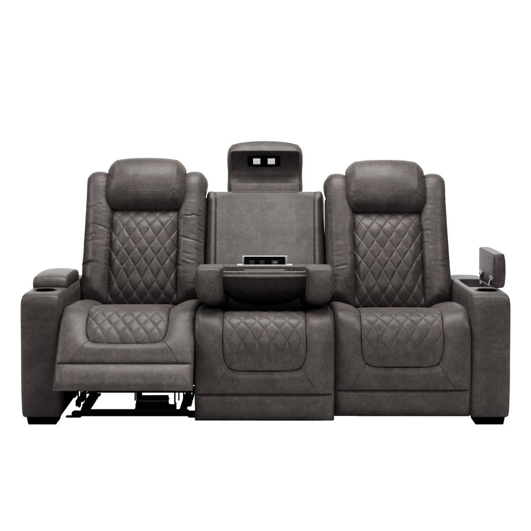 Sofa motorisé aspect cuir brun grisâtre avec table rabattable - Hyllmont