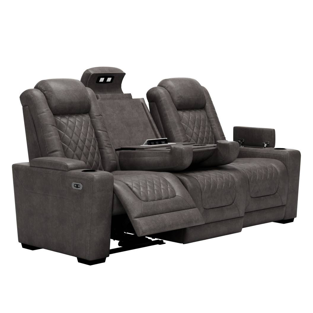 Sofa motorisé aspect cuir brun grisâtre avec table rabattable - Hyllmont