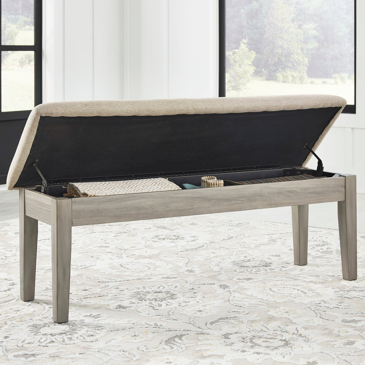 Banc de salle à manger rembourré en tissu beige avec rangement - Parellen