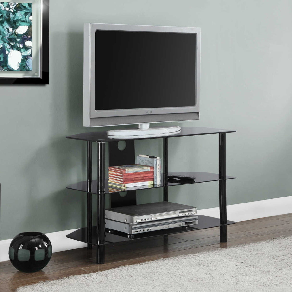 Meuble de télévision en verre trempé et métal noir à 3 étagères - I 2506