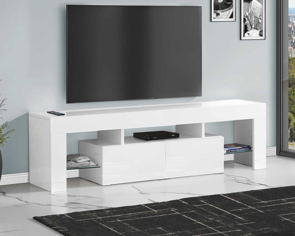 Meuble de télévision en bois et placage blanc lustré à 2 tiroirs - I 3548