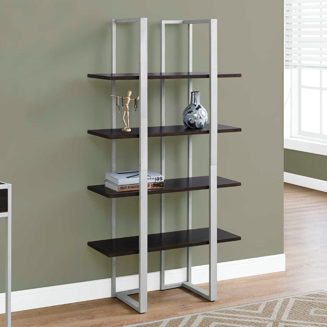 Étagère en métal argenté avec 4 tablettes en MDF/stratifié espresso - I 7239