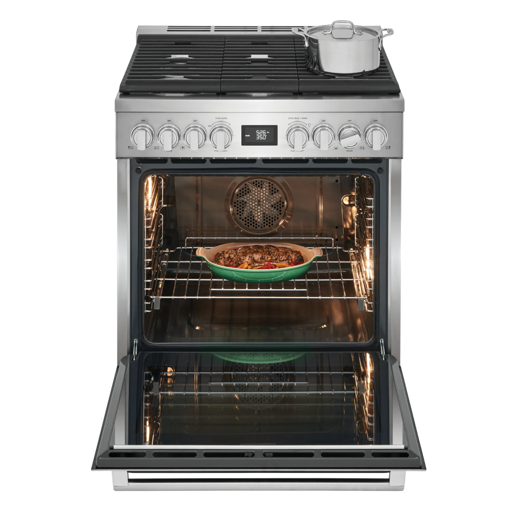Cuisinière biénergie 30 po, 4,6 pi³ Inox avec Brûleurs scellés, Convection et Nettoyage à la vapeur