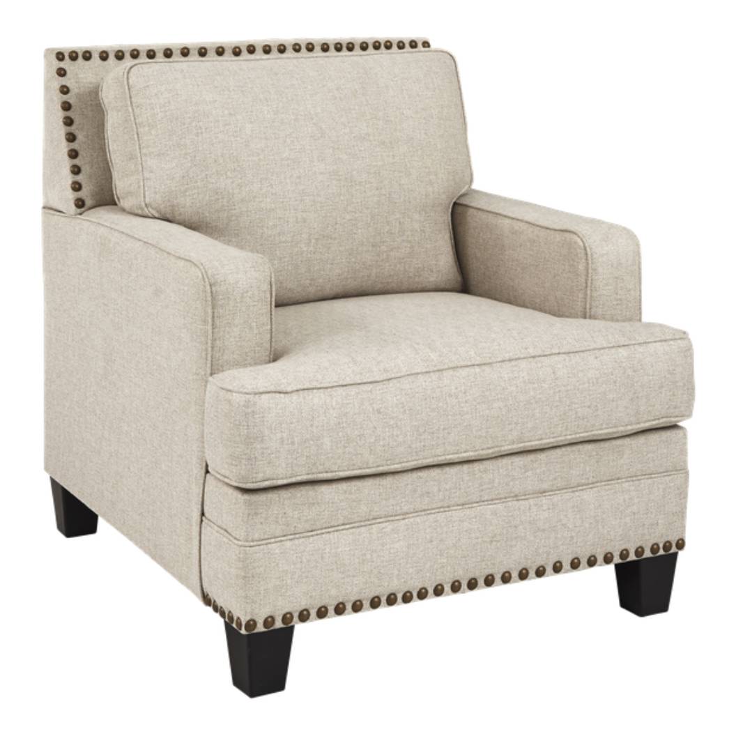 Fauteuil en tissu beige effet lin avec garniture cloutée - Claredon