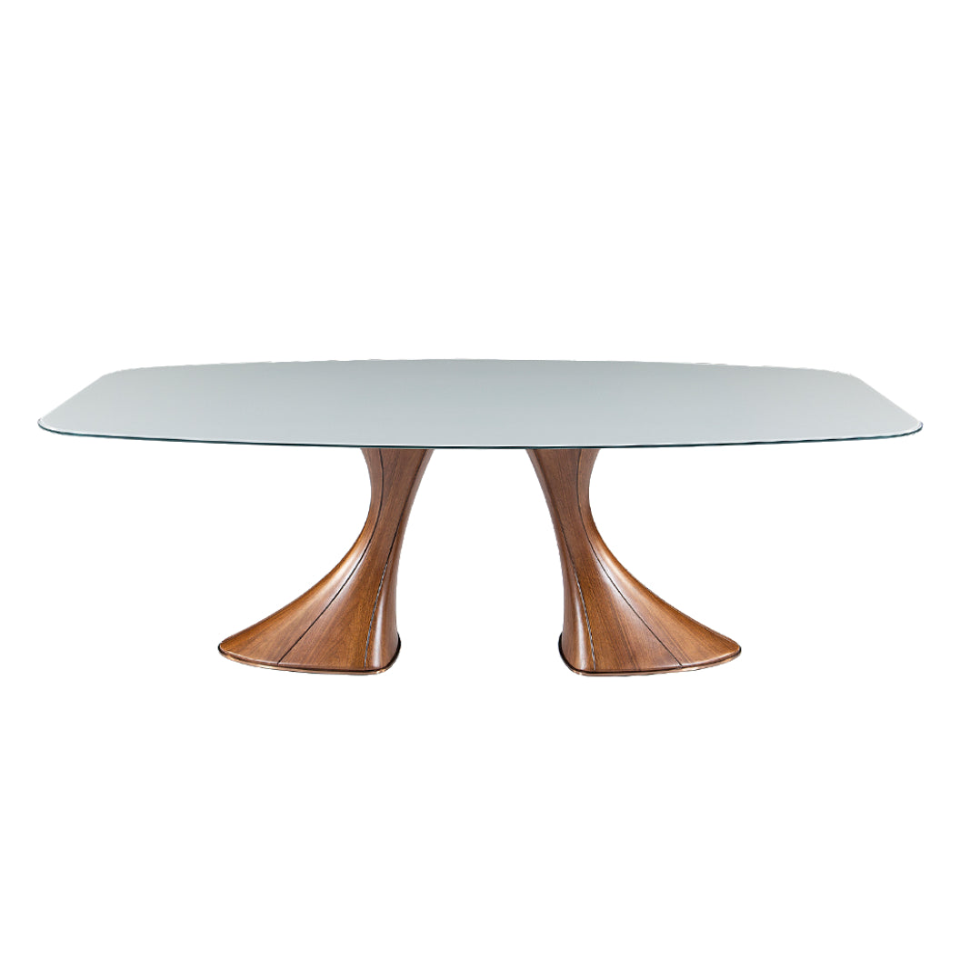 Table de salle à manger rectangulaire avec contour arrondi en verre et bois de frêne - Charles