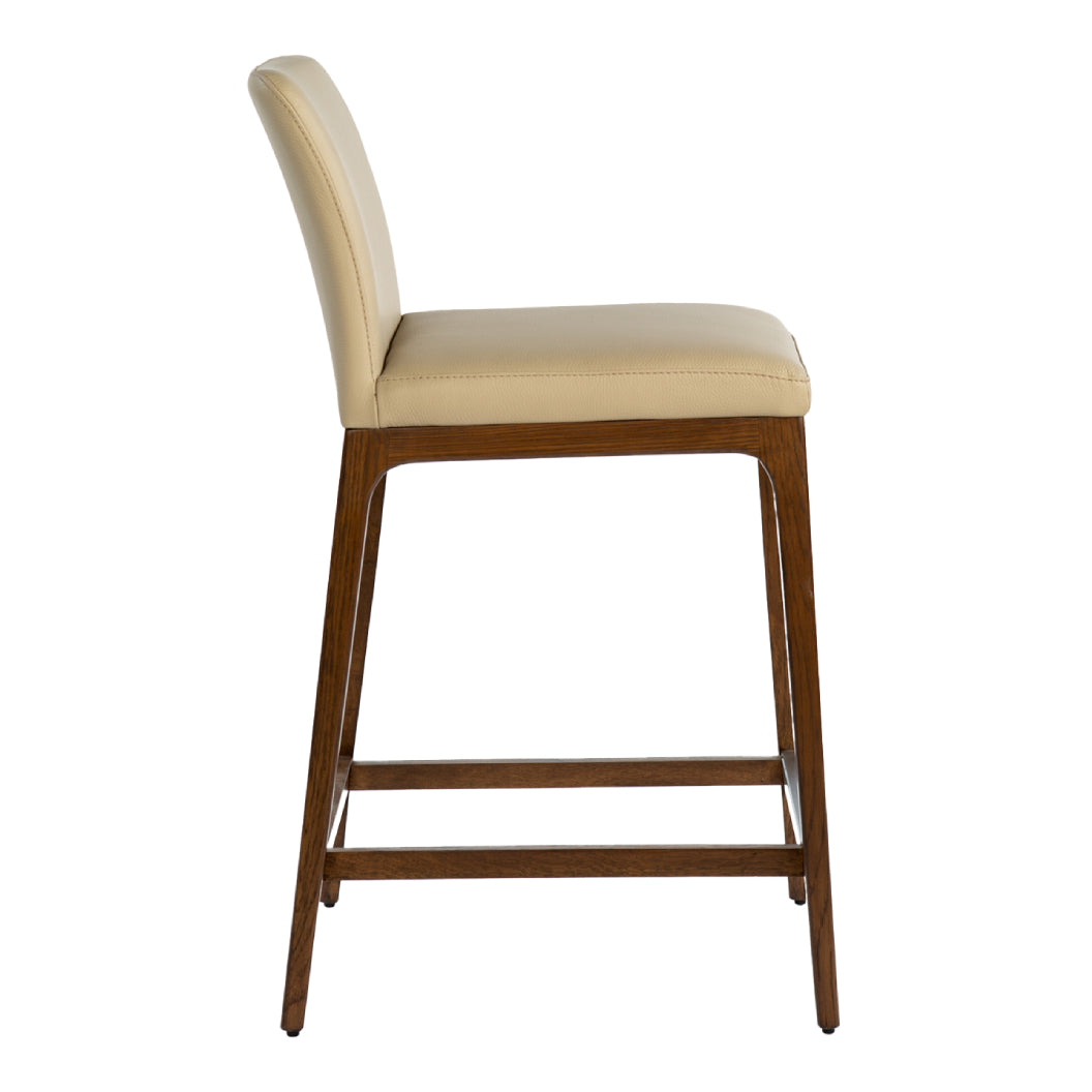 Tabouret de comptoir rembourré en cuir et bois de chêne teinte noyer - Lucia