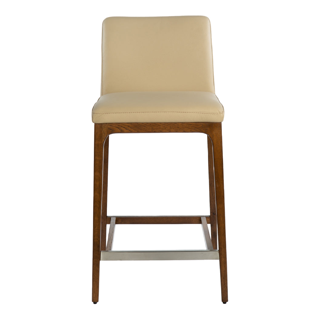 Tabouret de comptoir rembourré en cuir et bois de chêne teinte noyer - Lucia