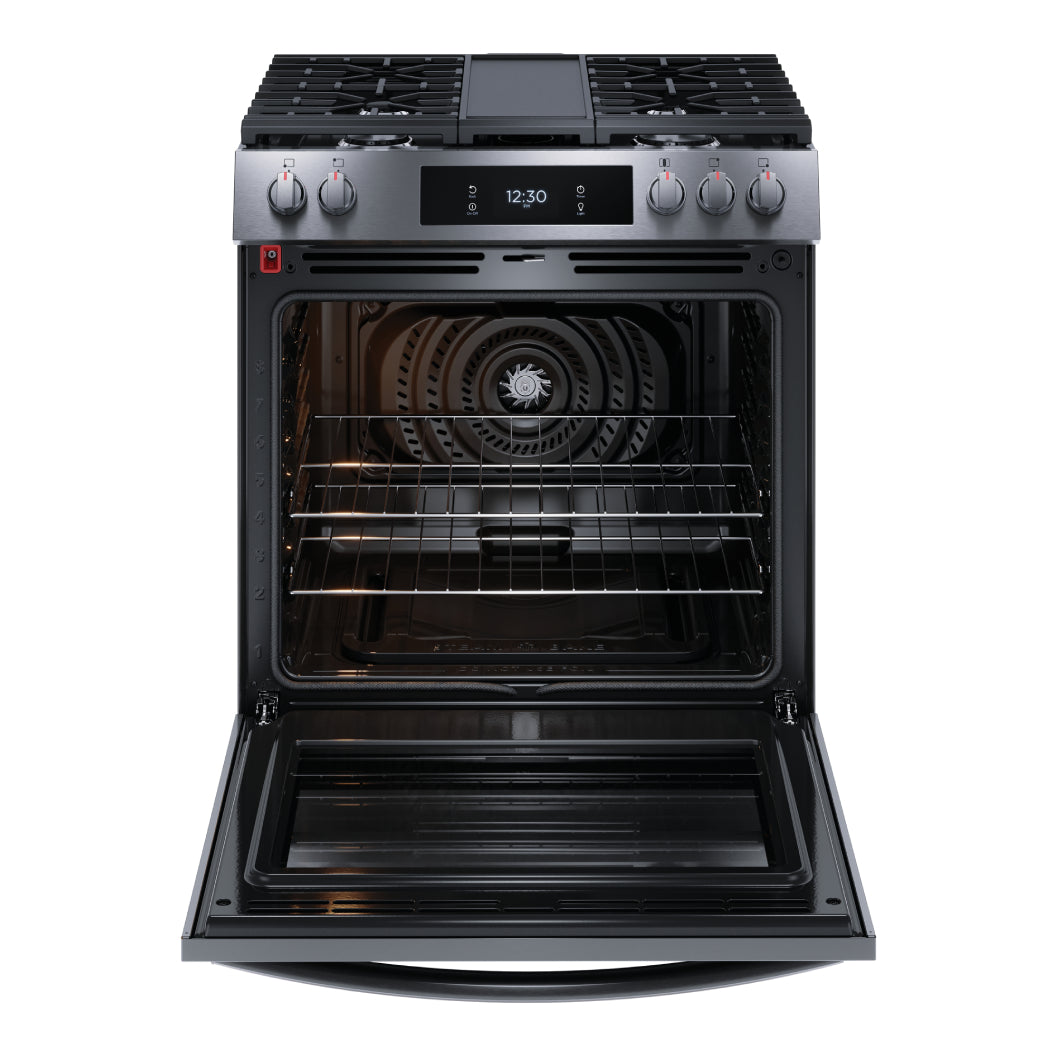 Cuisinière au gaz 30 po, 6,0 pi³ Inox noir avec Convection totale, Air Fry et plaque de cuisson intégrée