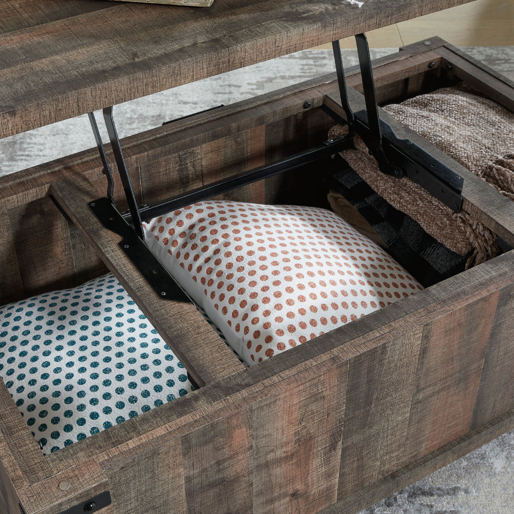 Table basse en bois/MDF brun rustique avec plateau relevable - Hollum