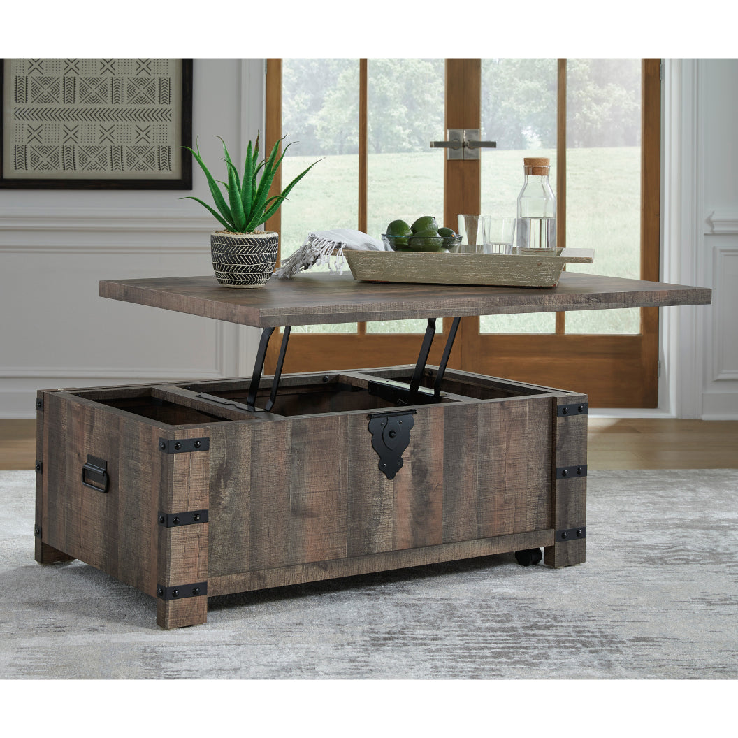 Table basse en bois/MDF brun rustique avec plateau relevable - Hollum