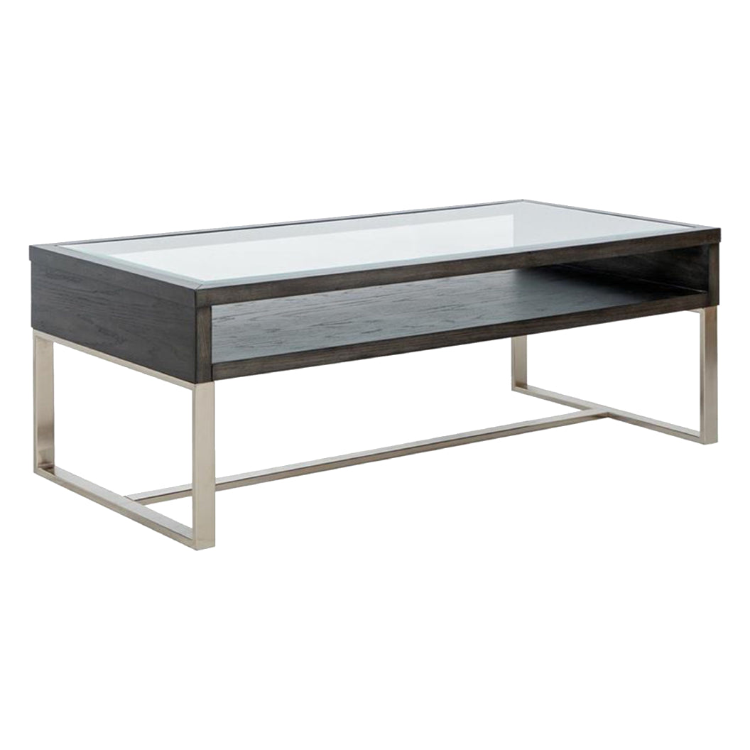 Table basse en verre, en bois gris foncé et métal - Langston