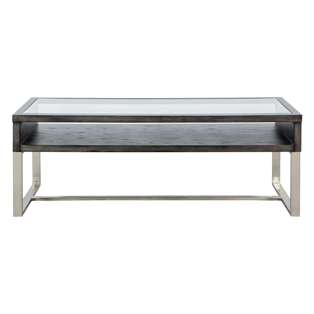 Table basse en verre, en bois gris foncé et métal - Langston