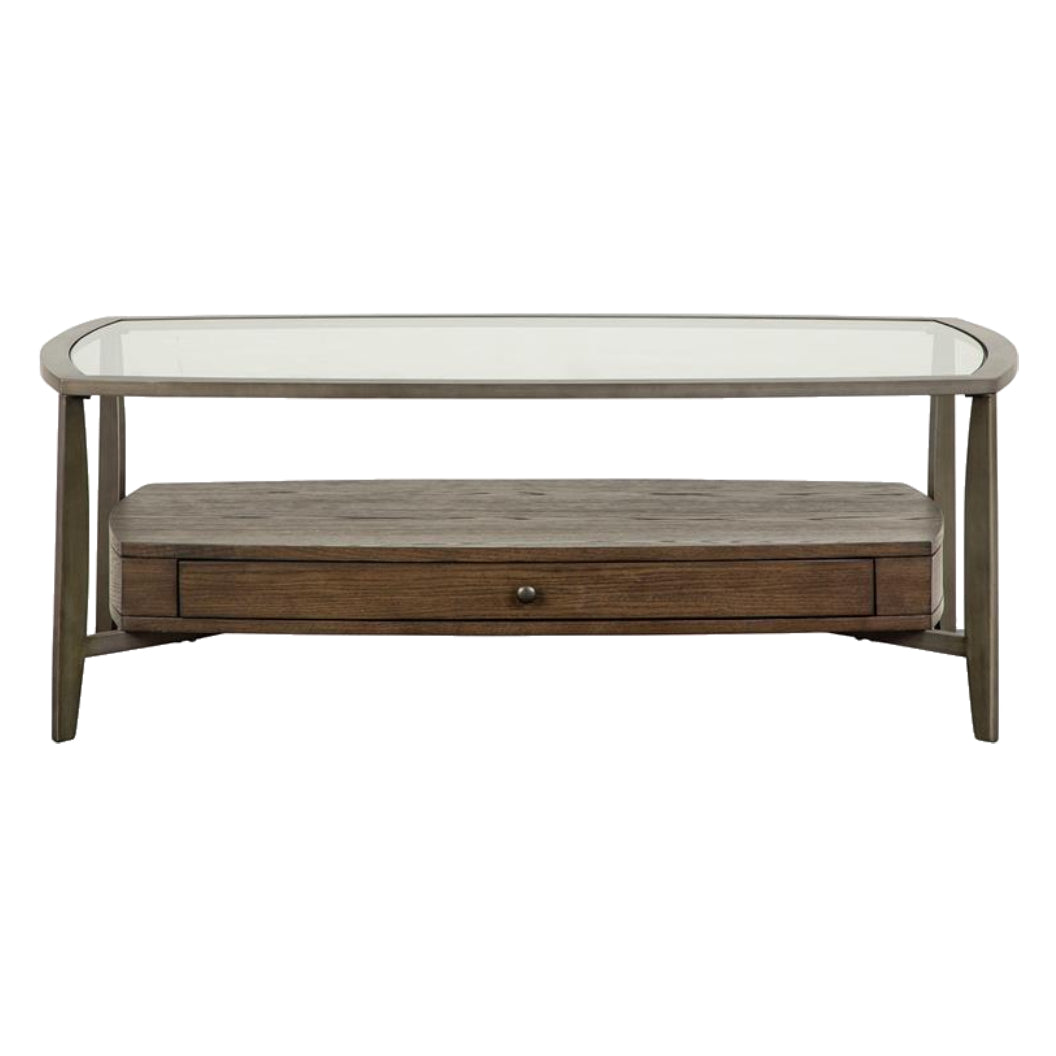 Table basse en verre trempé et placage de bois brun avec 1 tiroir - Ardis