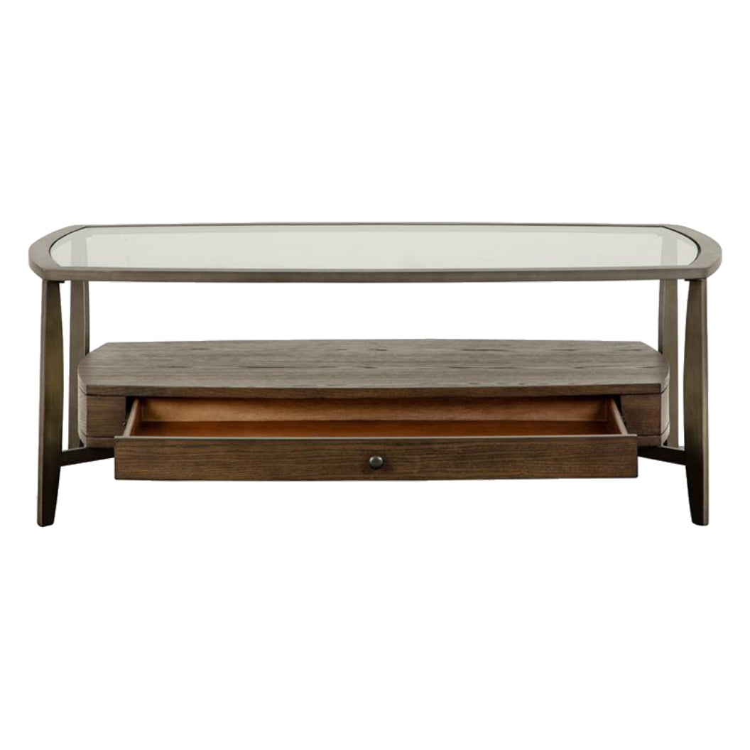 Table basse en verre trempé et placage de bois brun avec 1 tiroir - Ardis