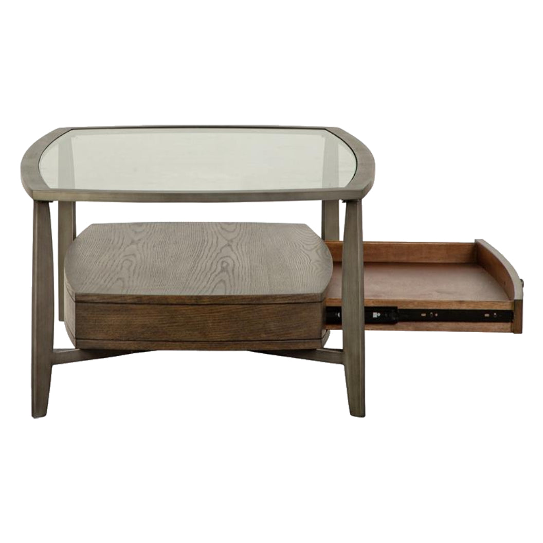 Table basse en verre trempé et placage de bois brun avec 1 tiroir - Ardis