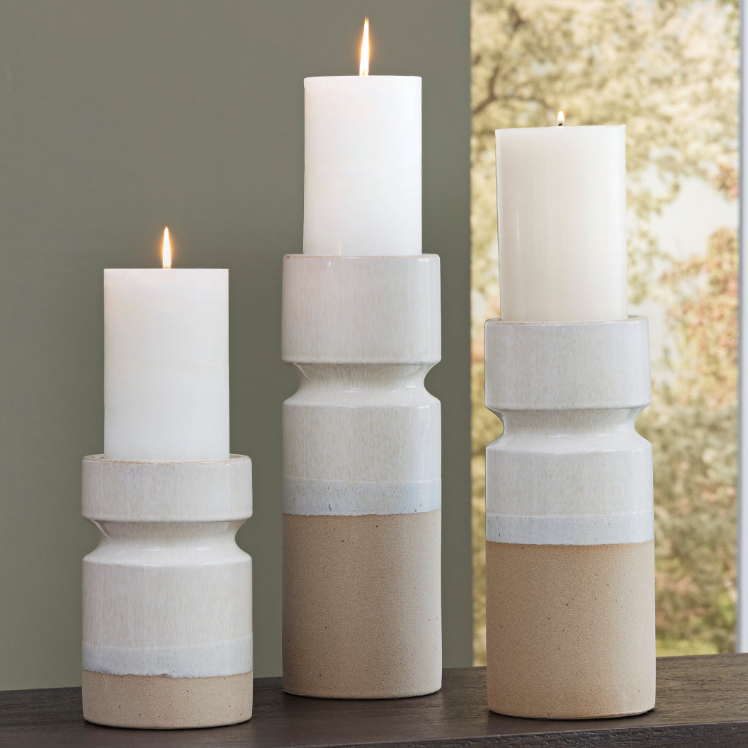 Ensemble de 3 bougeoirs en céramique ivoire & brun clair - Hurston
