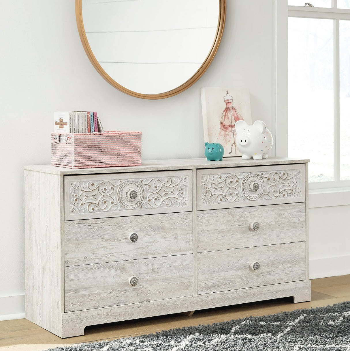 Bureau à 6 tiroirs en bois/MDF blanc usé - Paxberry