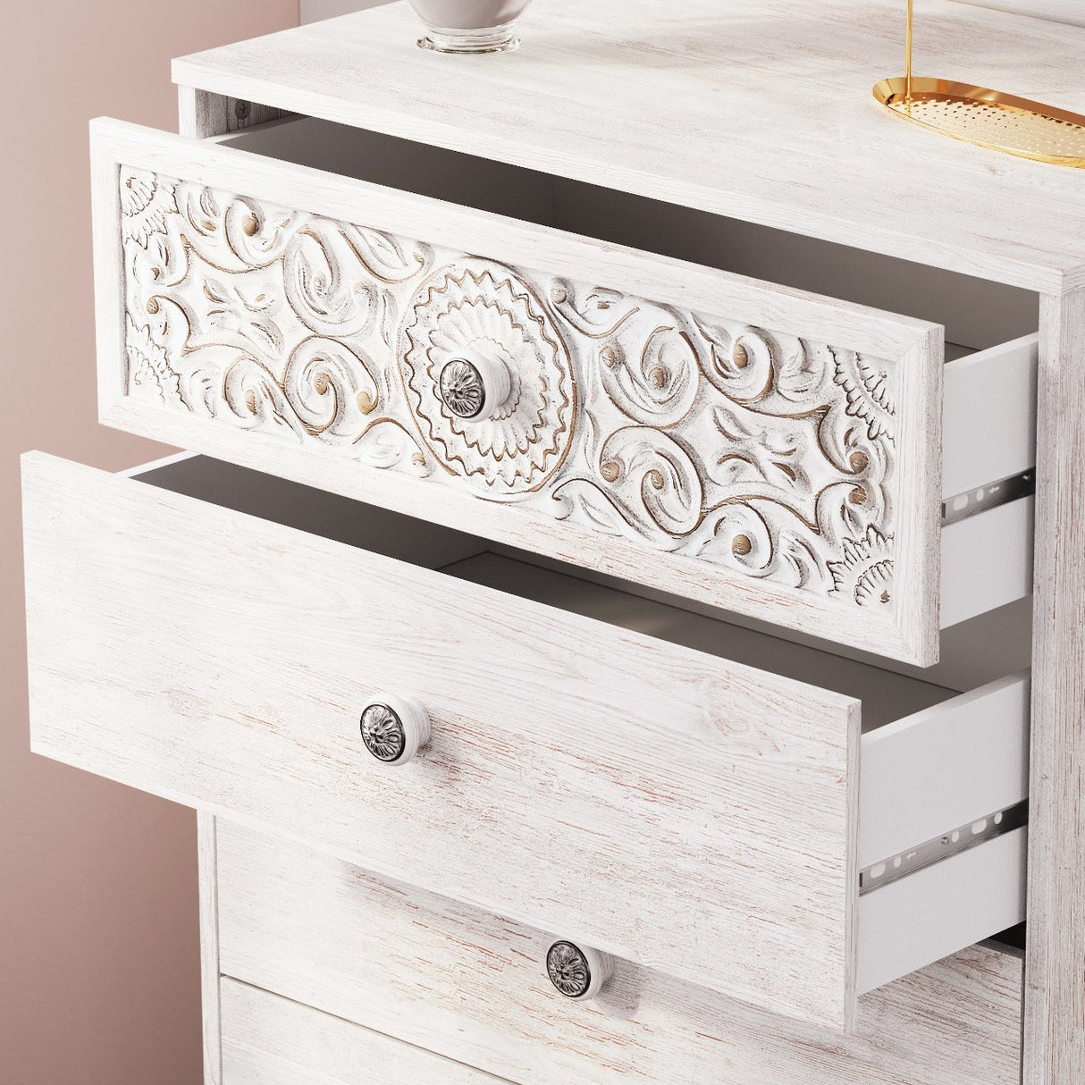 Commode à 5 tiroirs en bois/MDF blanc usé - Paxberry