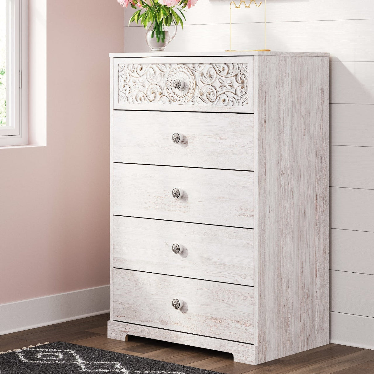 Commode à 5 tiroirs en bois/MDF blanc usé - Paxberry