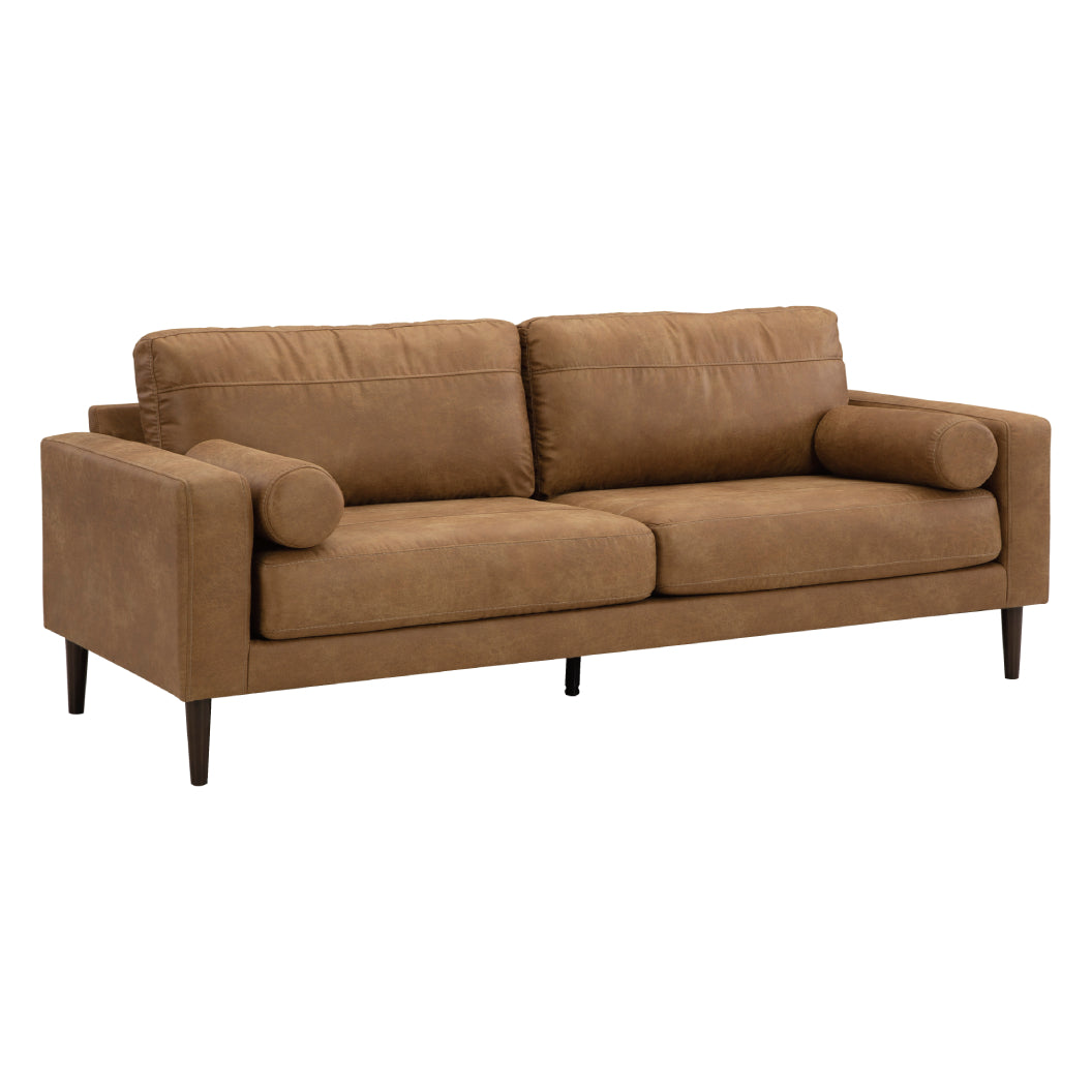 Sofa condo aspect cuir brun caramel avec coussins - Telora