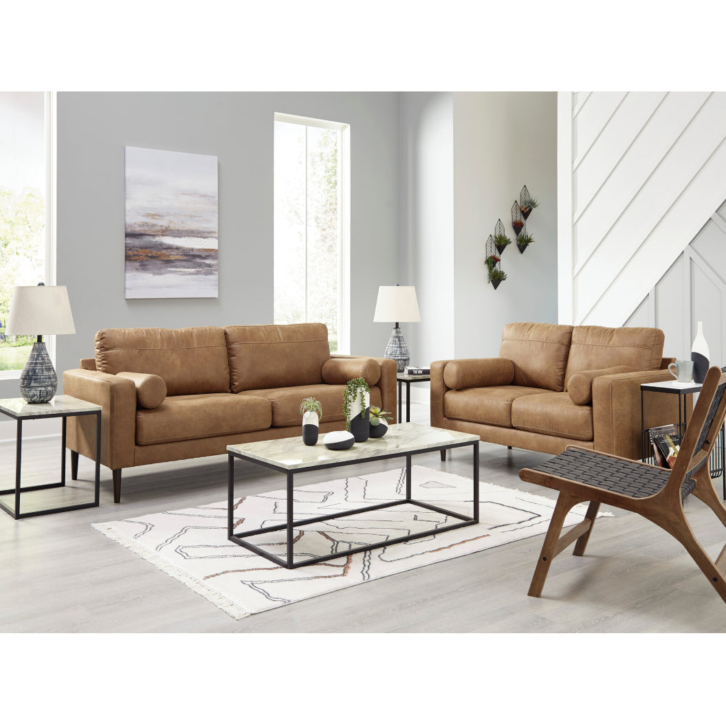 Sofa condo aspect cuir brun caramel avec coussins - Telora