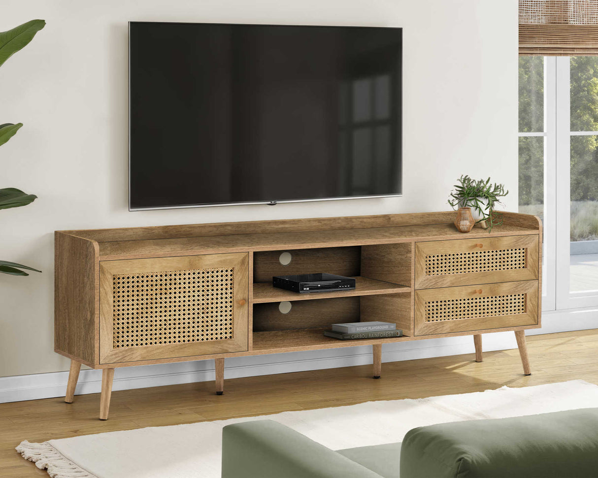 Meuble de télévision en stratifié noyer clair et rotin avec rangement - I 2723