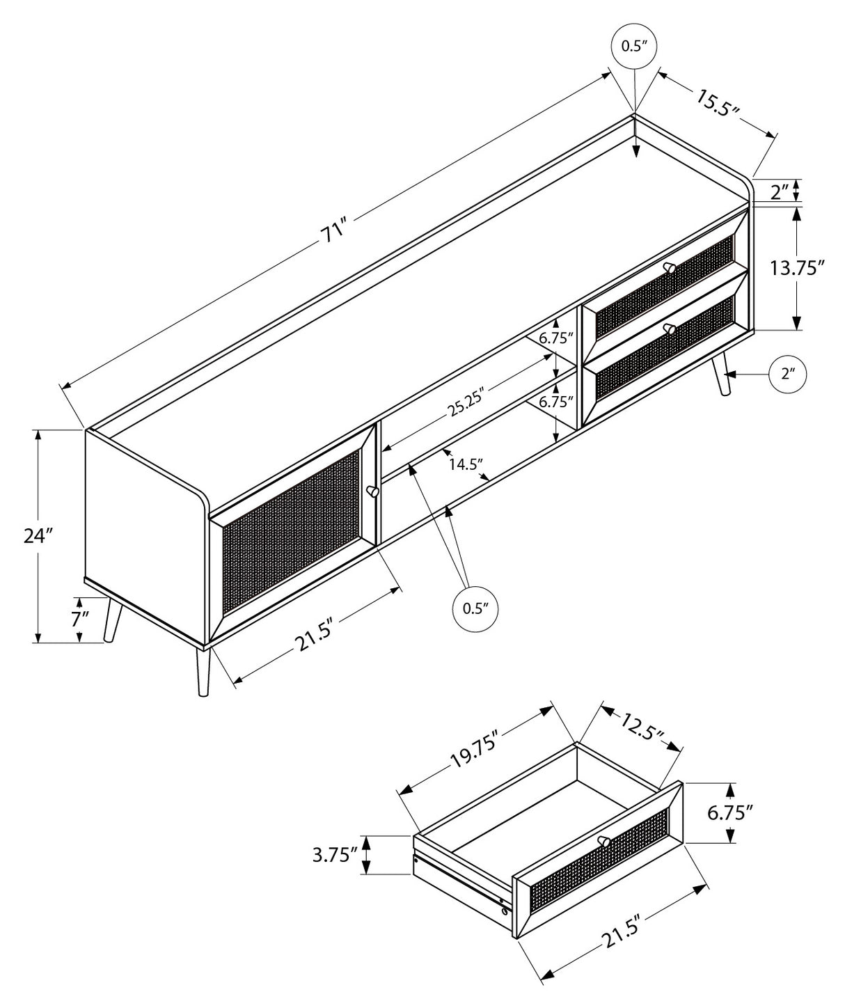 Meuble de télévision en stratifié noyer clair et rotin avec rangement - I 2723