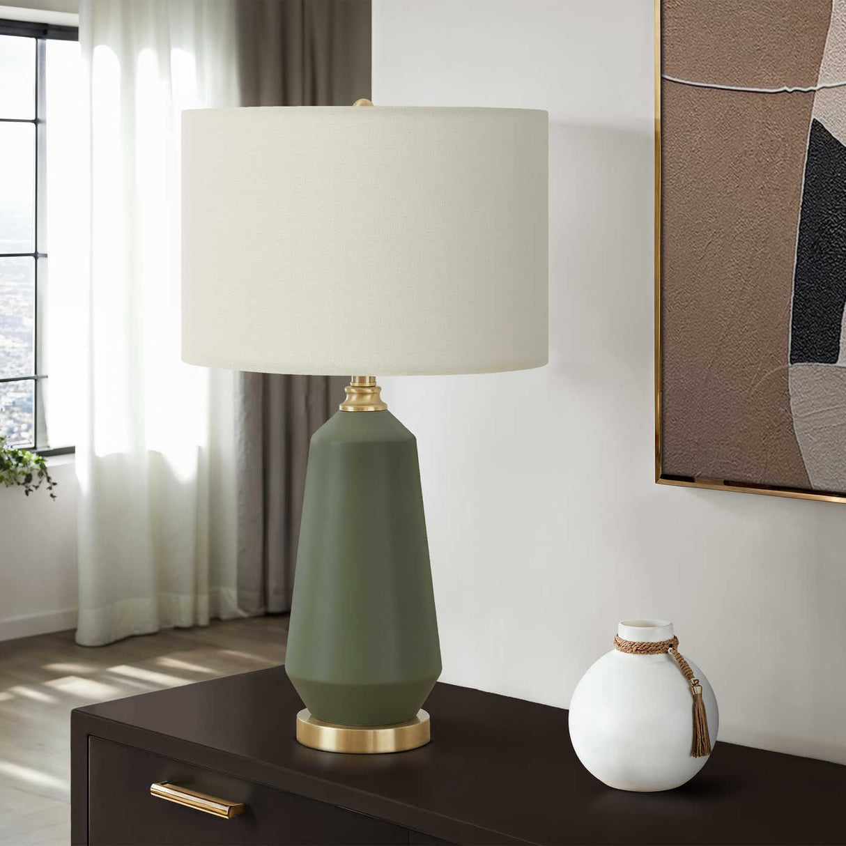 Lampe de table en céramique verte et accents en métal doré 26 po - I 9624