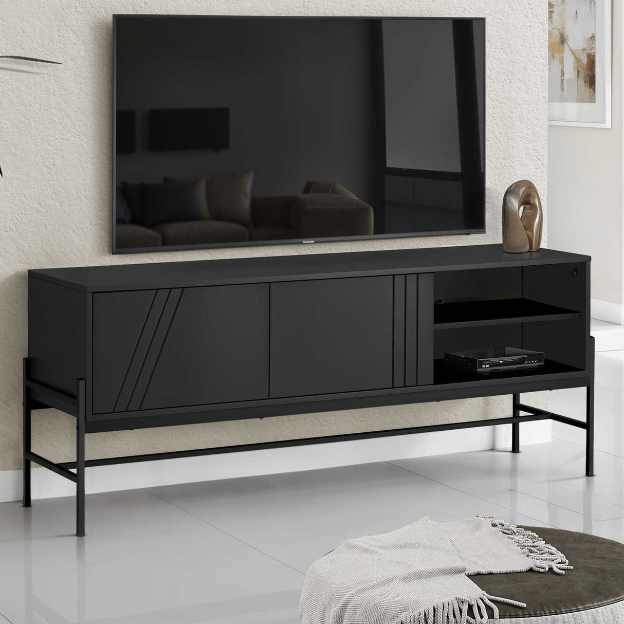 Meuble de télévision en stratifié et métal noir à 2 portes - I 2734