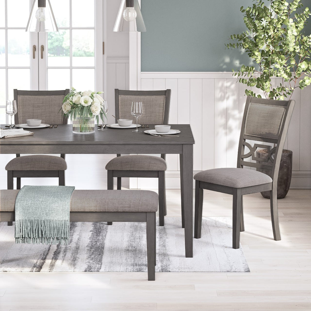 Ensemble de table à manger avec 4 chaises et 1 banc rembourrés - Wrenning