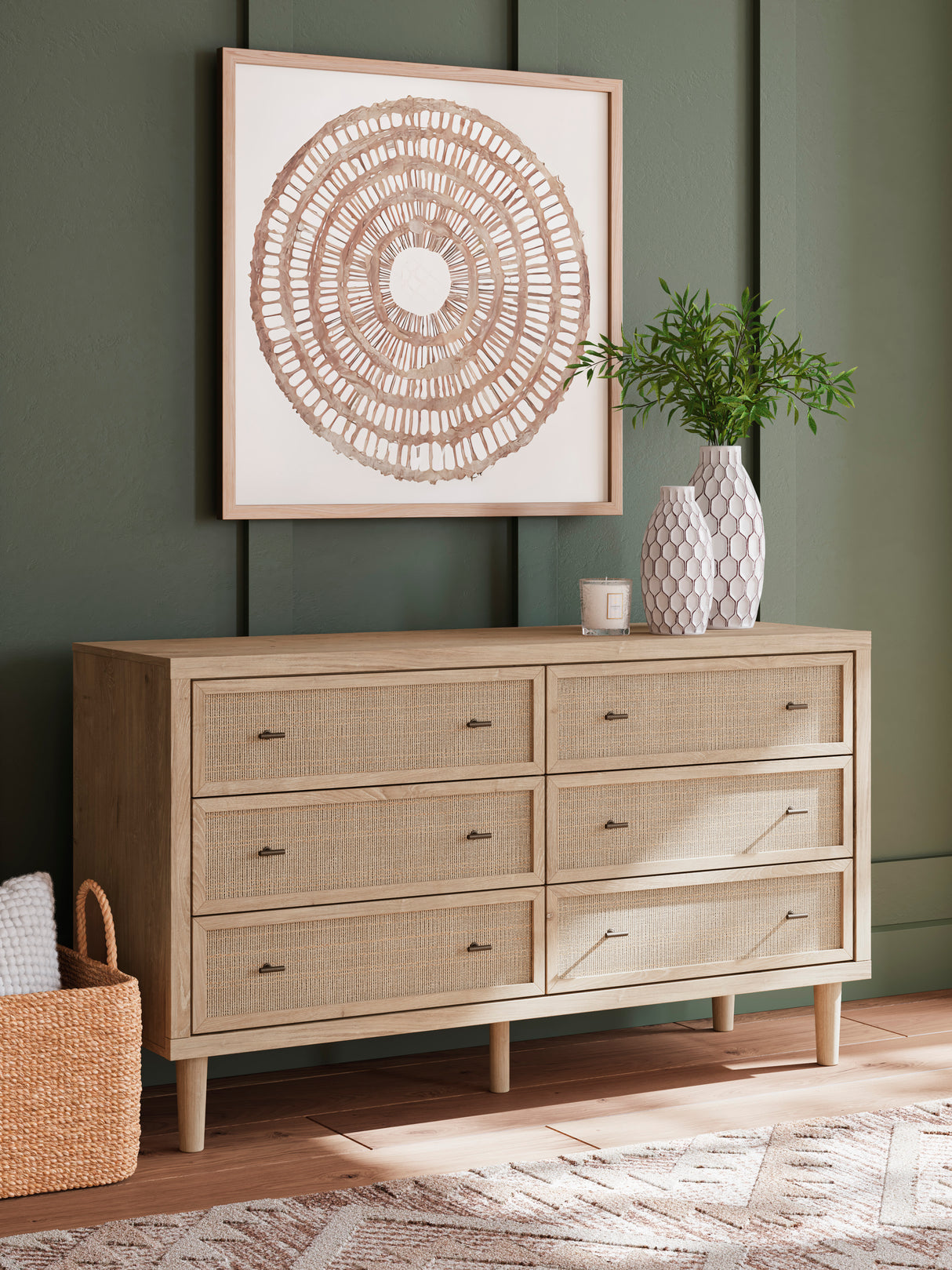 Bureau à 6 tiroirs en bois et placage beige - Cielden