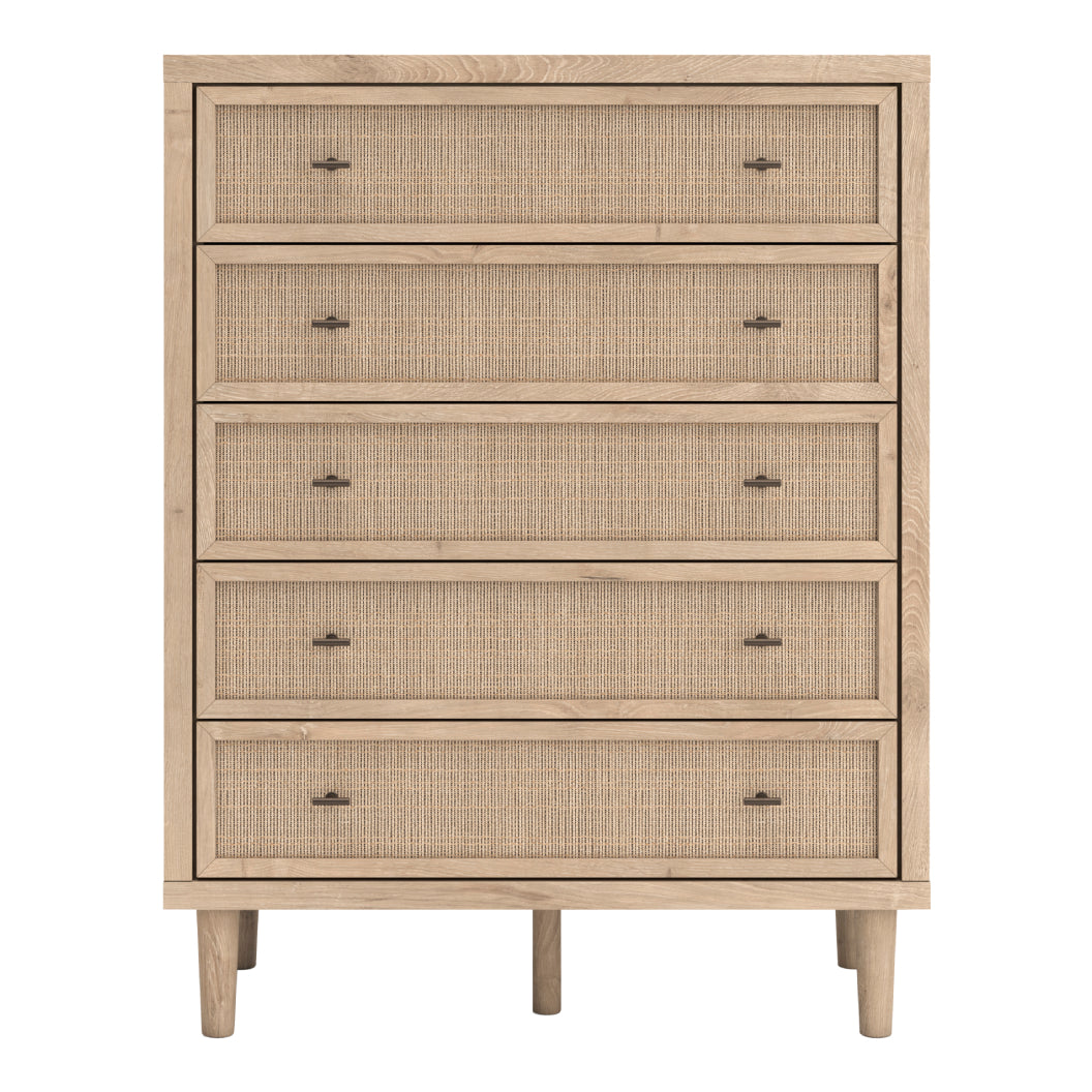 Commode à 5 tiroirs en bois et placage beige