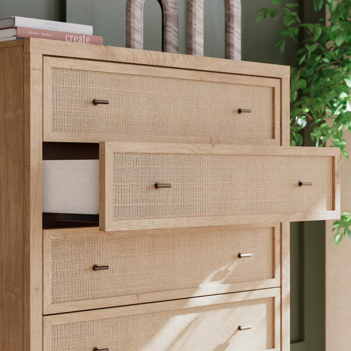 Commode à 5 tiroirs en bois/placage beige - Cielden