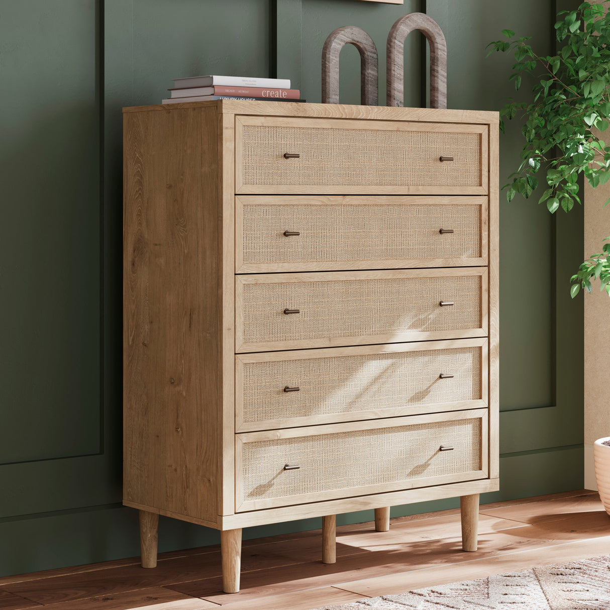 Commode à 5 tiroirs en bois/placage beige - Cielden