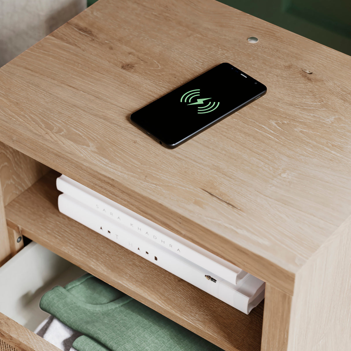 Table de chevet en bois/placage beige avec 1 tiroir & lumière DEL - Cielden